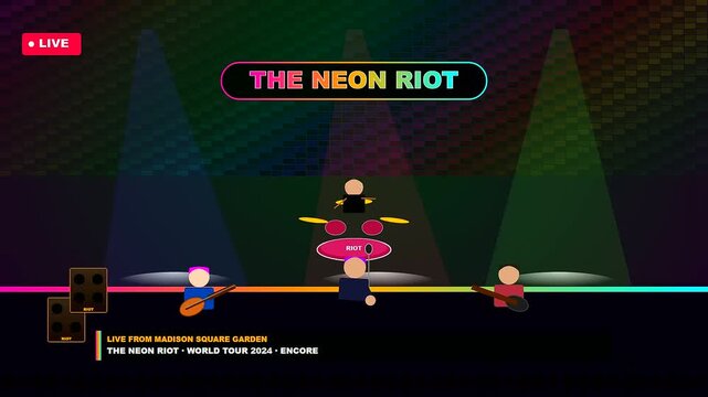 An immersive virtual broadcast studio showcases a stylized digital music band performing live with vibrant neon lighting and rhythmic vector animations for modern media