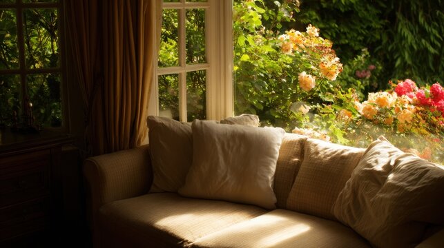 Sunlit bay window seat with comfortable pillows overlooking a blooming garden vista.