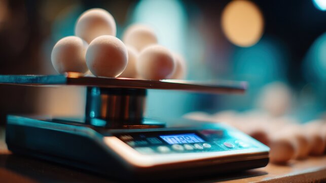 Several white fishballs undergoing precise weight calibration on a digital kitchen scale with a blurred background