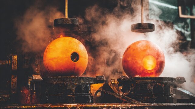 Industrial vulcanizing machinery clamps orange basketball molds, undergoing heat and steam for production