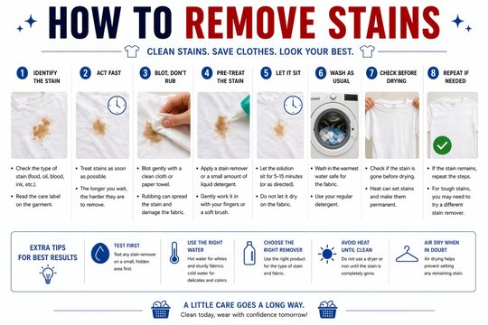 Educational infographic showing how to remove stains from clothing. Step by step laundry guide with tips for cleaning fabrics. Household maintenance and garment care routine for clean laundry process