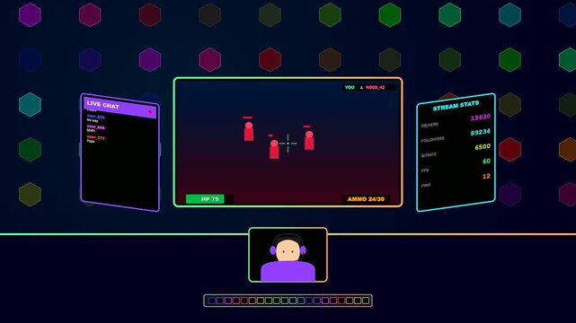 An immersive Virtual Broadcast Studio showcasing a neon aesthetic gaming interface with dynamic chat panels and live statistics for professional esports streamers during competition