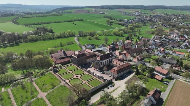 Aerial View Propstei Johannesberg, , Benedictine priory, district of Fulda in Hesse, Roman Catholic parish church of St. John the Baptist, Germany