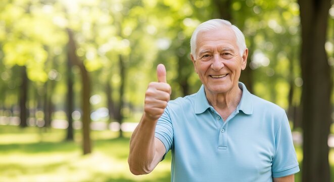 Elderly man showing thumb up gesture in park. Happy senior male smiling while enjoying sunny day outdoors. Concept of retirement lifestyle, wellness and positive, copy space