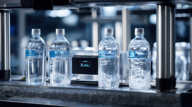 Automated quality control station overseeing bottled water production line in modern factory