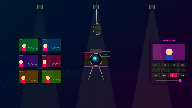 An immersive digital interface of a Virtual Broadcast Studio showcasing complex video switching capabilities and remote production tools for professional online streaming media networks