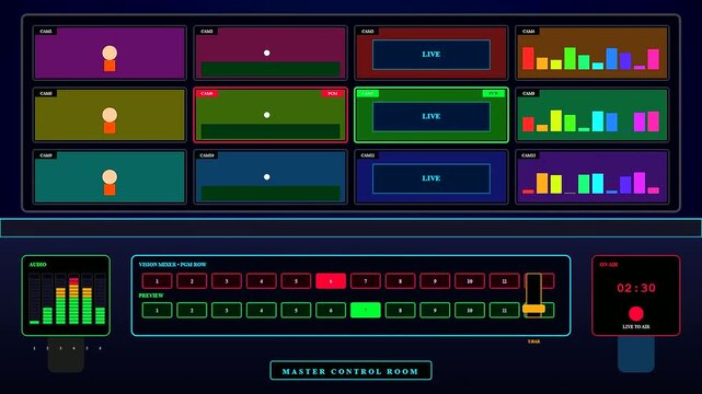 An intricate Virtual Broadcast Studio control interface showcasing dynamic transitions across multiple monitoring panels while a live television production unfolds in a high tech environment