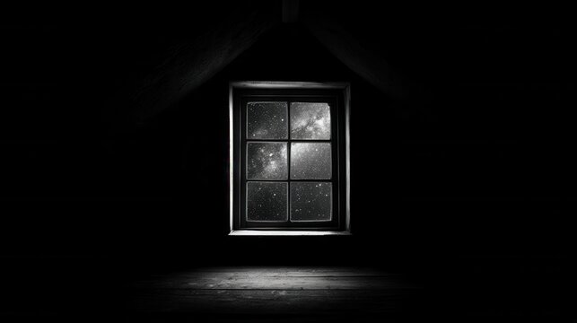 Dusty attic window at night revealing a star-filled sky through grimy panes, evoking a sense of mystery and forgotten memories.