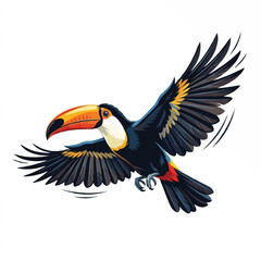 Naklejka premium Colorful toucan bird in flight with vibrant beak and detailed feathers.