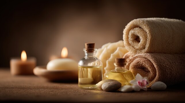 Therapy stress release treatment, health lifestyle. A tranquil spa setting with a rolled up towel, a bottle of essential oil, a candle, and a flower, all arranged on a surface.