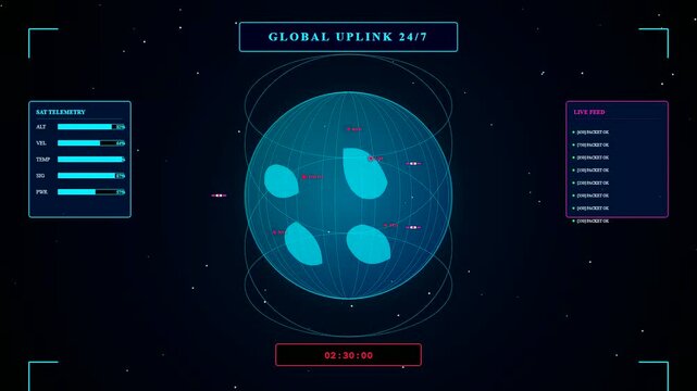 A sophisticated Virtual Broadcast Studio interface displaying a rotating holographic globe with satellite telemetry data streaming across a dark futuristic digital command center screen