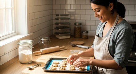 Fototapeta premium Woman in apron preparing cookies on baking sheet in kitchen baking cookies woman in apron kitchen co