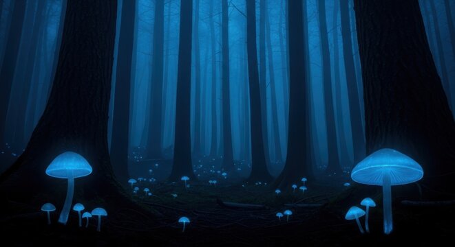 a group of blue glowing mushrooms in a dark forest with tall trees and a white space for text or oth