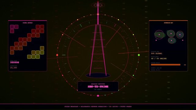 In this cinematic sequence a Virtual Broadcast Studio utilizes dynamic holographic interfaces to monitor global signal telemetry and fluctuating network coverage data within cyberspace