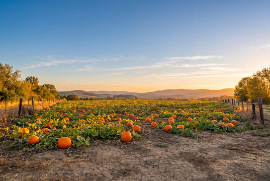 Pristine pumpkin patch field with vibrant orange pumpkins under clear sky