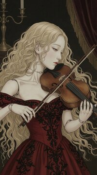 A ball-jointed doll woman playing the violin, elegant Japanese touch art