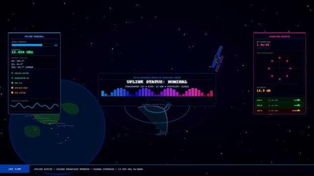 An immersive Virtual Broadcast Studio interface displaying sophisticated satellite communication telemetry and global signal monitoring data across a futuristic cosmic digital void