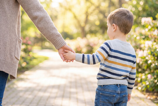 Caring asian mother and young son holding hands walking along a park path