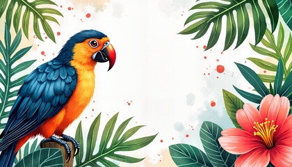 Fototapeta premium Colorful parrot perched among tropical leaves and flowers 