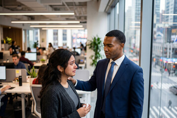 Fototapeta premium Businessman comforting sad colleague in busy office