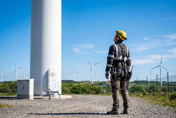 Naklejka premium Wind turbine technician in safety gear looking up at a modern wind farm under clear blue skies