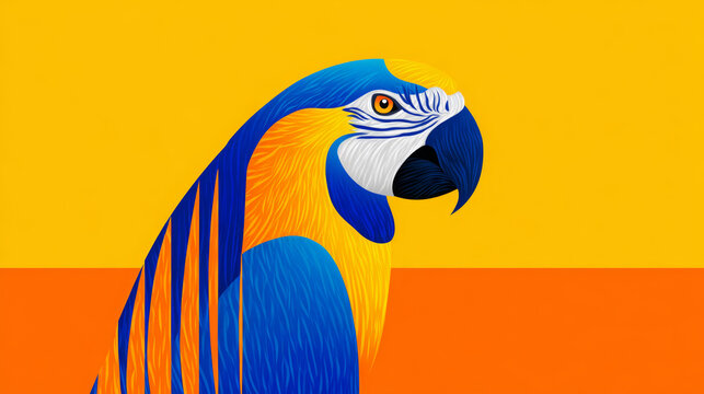 Blue and yellow macaw bird close up, vibrant tropical wildlife illustration, colorful exotic parrot artwork representing freedom, nature, and biodiversity