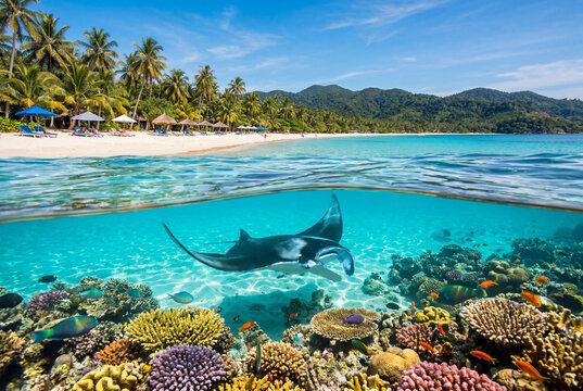 Split level view of a manta ray swimming over a coral reef