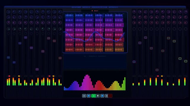 A sophisticated Virtual Broadcast Studio interface displaying dynamic audio waveforms and frequency spectrums that shift fluidly across a neon digital mixing console for sound production