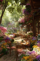 Fototapeta premium Spring season, garden, flower, fresh, life. A vibrant, sunlit cafe with tables and chairs surrounded by a lush garden filled with colorful flowers and trees. The cafe is adorned with cups, saucers.
