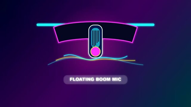 A futuristic Virtual Broadcast Studio interface featuring a neon glowing floating boom microphone with pulsating audio frequency waves reflecting dynamic sonic energy for professional streaming