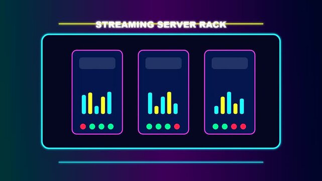 A futuristic Virtual Broadcast Studio featuring neon glowing server racks with dynamic audio visualizers pulsing in a synchronized rhythmic motion for digital media streaming