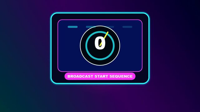 An immersive Virtual Broadcast Studio animation featuring a neon countdown sequence that rapidly transitions from five to zero to signal an imminent digital transmission