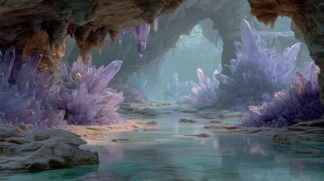 Winter season adventure exploration. A breathtaking digital artwork of a cavern filled with crystal formations, illuminated by a soft, ethereal light. The water reflects the light.