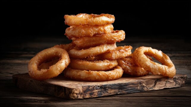 Crispy golden onion rings stacked on rustic wooden board. Deep fried snack with crunchy texture. Classic fast food appetizer
