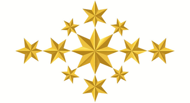 A symmetrical arrangement of eleven golden stars, with a large central star surrounded by ten smaller stars forming a cross shape on a white background.