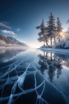 Winter season adventure exploration. A tranquil winter scene with a frozen lake reflecting the sky and snowcovered trees. The sky is a mix of blue and white.