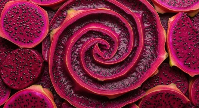 Close-up View of Textured Swirling Dragonfruit Skin and Flesh with Vibrant Pink and Purple Hues