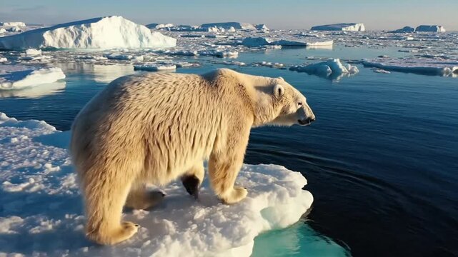 Polar bear walking on broken sea ice in the Arctic region during daylight hours