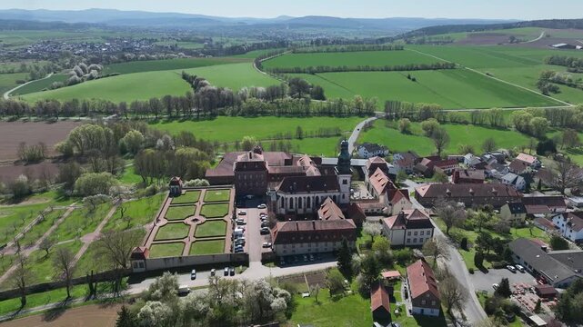 Aerial View Propstei Johannesberg, , Benedictine priory, district of Fulda in Hesse, Roman Catholic parish church of St. John the Baptist, Germany