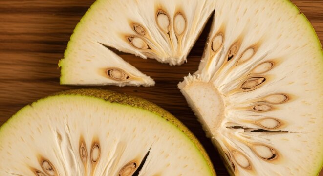 Close-up view of sliced breadfruit revealing its intricate internal structure and seeds, offering a glimpse into tropical fruit anatomy.
