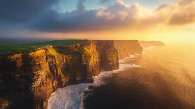Cliffs of moher at sunset with waves crashing against rugged limestone cliffs