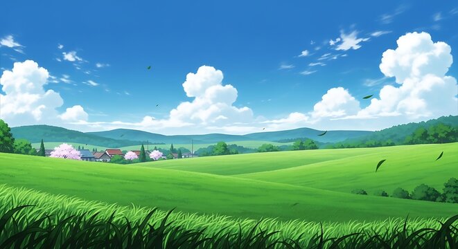 Vibrant animated landscape with rolling green hills, a distant village, fluffy clouds in a blue sky, and birds flying over a lush field.