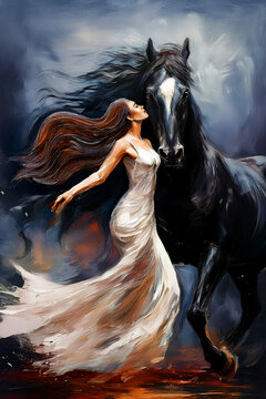 Abstract Digital Oil Painting Woman and Horse Concept Poster Colorful Background