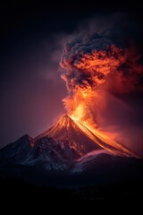 Fototapeta premium A majestic volcano erupting, with a plume of smoke billowing from its peak and lava flowing into the air. The dark background highlights the fiery orange and red hues of the lava and smoke.
