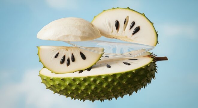 Tropical soursop fruit slices showing internal texture and seeds, presented as fresh and healthy food.