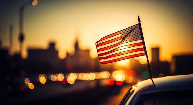 American flag on a car at sunset in the city