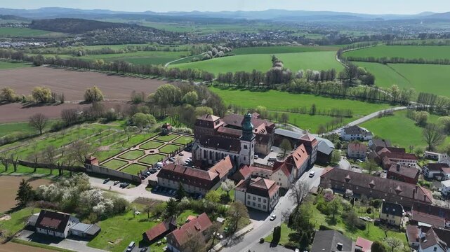 Aerial View Propstei Johannesberg, , Benedictine priory, district of Fulda in Hesse, Roman Catholic parish church of St. John the Baptist, Germany