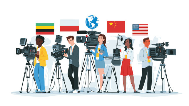 Global Broadcasting Crew: A group of international journalists, each wielding professional cameras on tripods, stand against a backdrop of world flags and a globe.