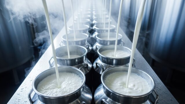 Stream of liquid being poured into metal containers, creating an industrial, clean scene