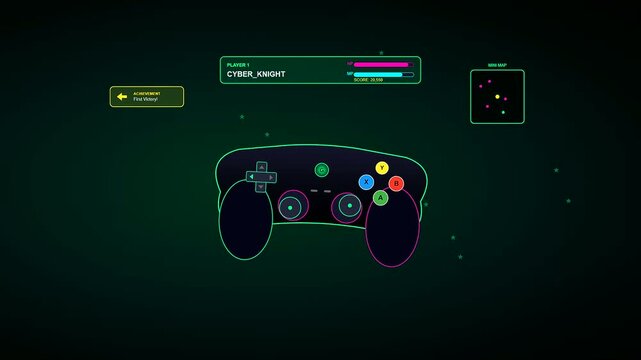 A sophisticated Home Entertainment UI featuring a glowing neon gaming controller with dynamic hud elements animating across a dark futuristic digital void landscape